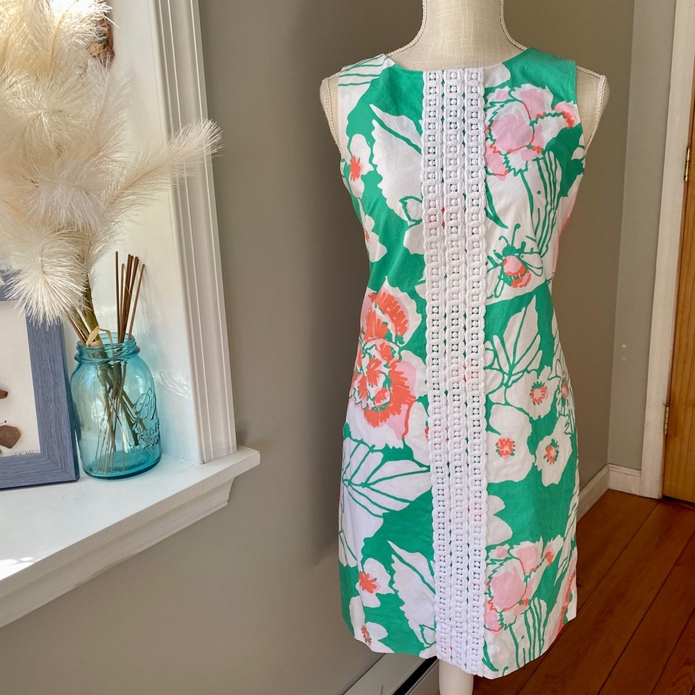Lilly Pulitzer Shift Dress Green Coral  Floral Embroidered Vertical Stripe